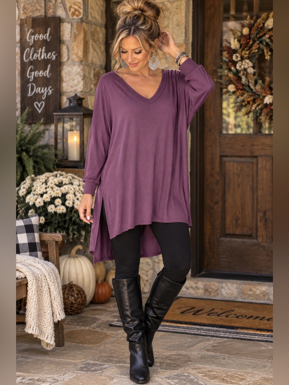 Peace & Pearls Purple Oversized V Neck High Low Tunic Top L Boho
